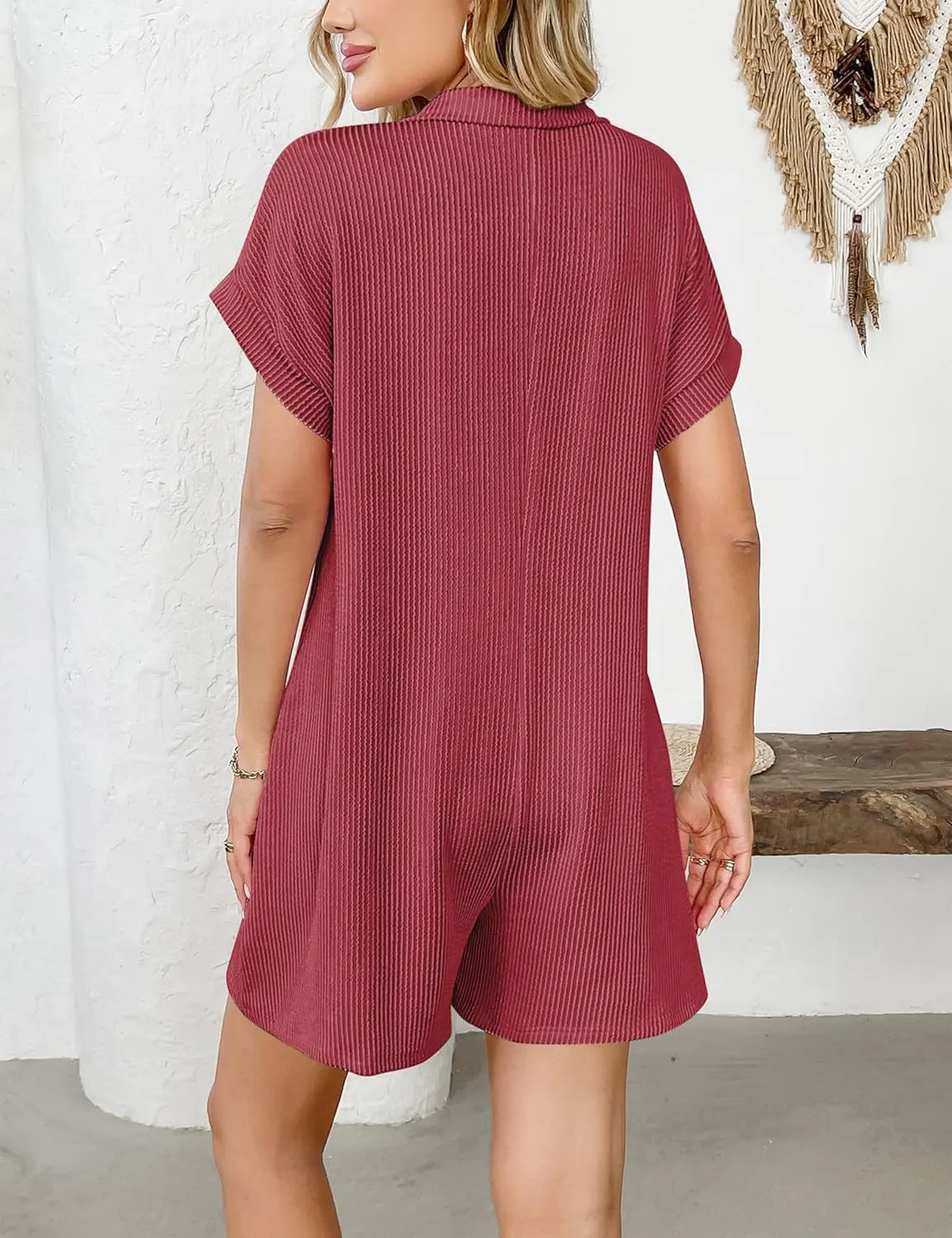 Rompers for Women Short Sleeve Button Down Elastic Short Jumpsuit with Pockets