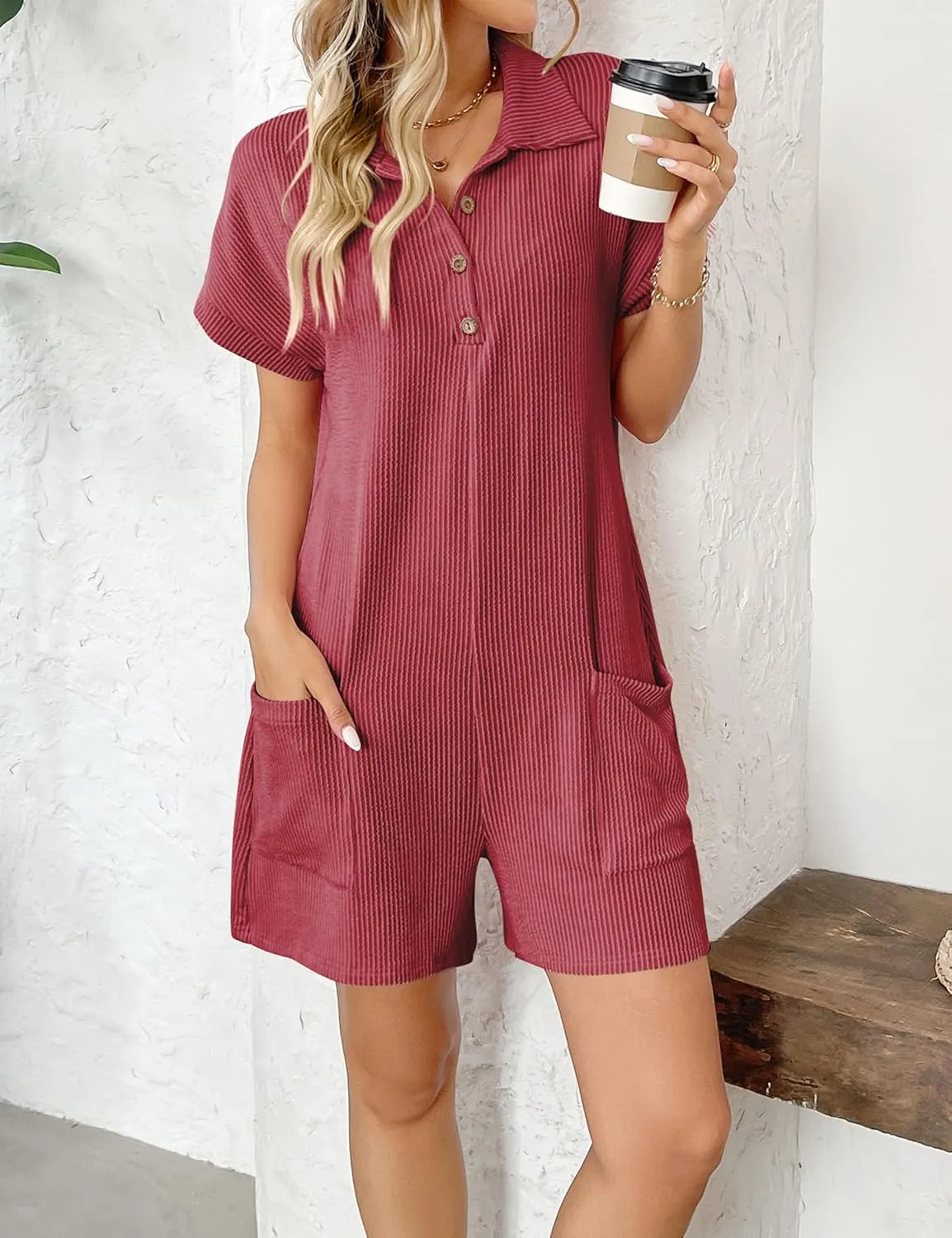 Rompers for Women Short Sleeve Button Down Elastic Short Jumpsuit with Pockets