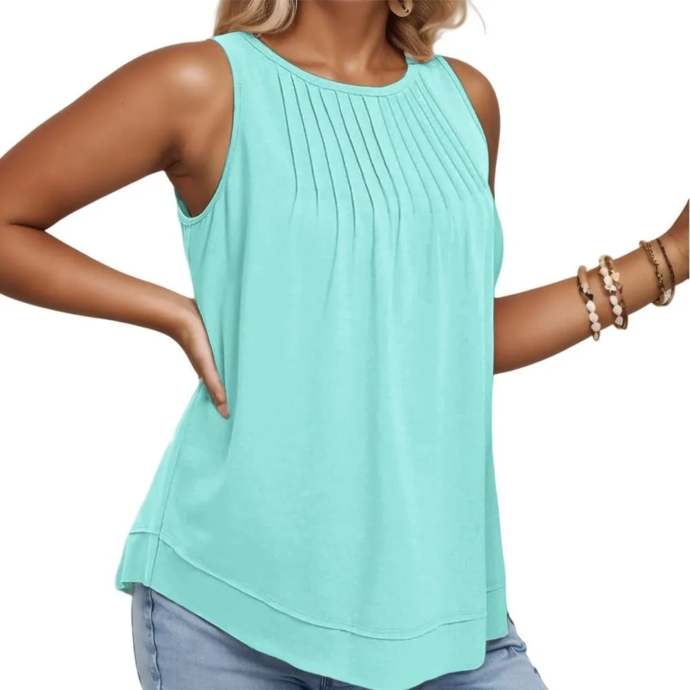 ROSRISS Women's Plus Size Sleeveless Pleated Shirts Dressy Loose Fit Tops Summer Casual Crew Neck Tank Tops XL-5XL