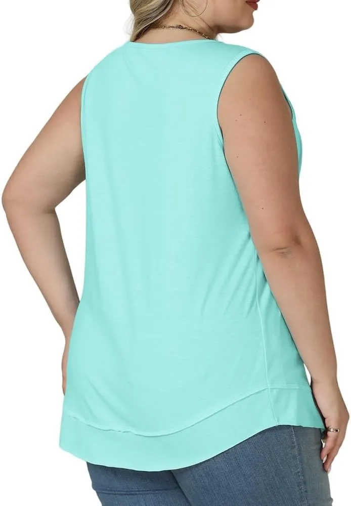 ROSRISS Women's Plus Size Sleeveless Pleated Shirts Dressy Loose Fit Tops Summer Casual Crew Neck Tank Tops XL-5XL