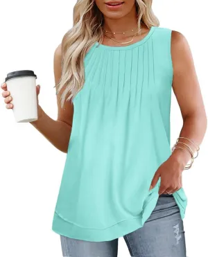 ROSRISS Women's Plus Size Sleeveless Pleated Shirts Dressy Loose Fit Tops Summer Casual Crew Neck Tank Tops XL-5XL