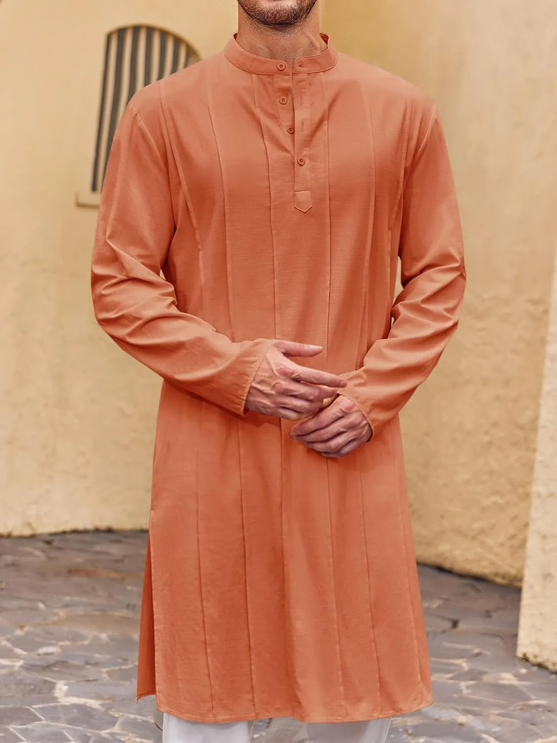 Runcati Mens Kaftan Thobe Button Down Henley Shirts Robe Long Sleeve Casual Cotton Pleated Muslim Gown Shirt
