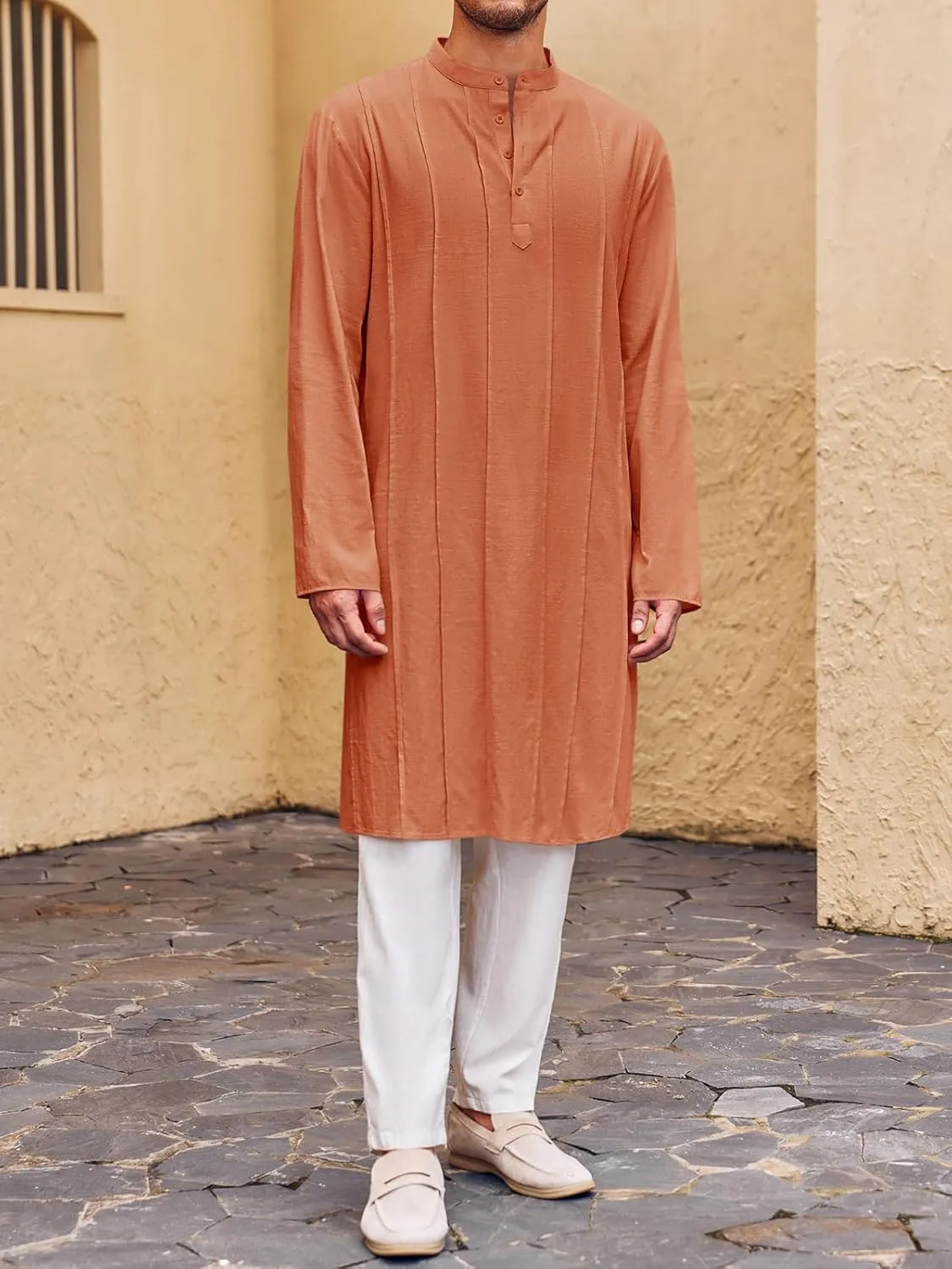 Runcati Mens Kaftan Thobe Button Down Henley Shirts Robe Long Sleeve Casual Cotton Pleated Muslim Gown Shirt
