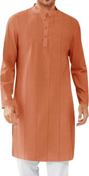 Runcati Mens Kaftan Thobe Button Down Henley Shirts Robe Long Sleeve Casual Cotton Pleated Muslim Gown Shirt