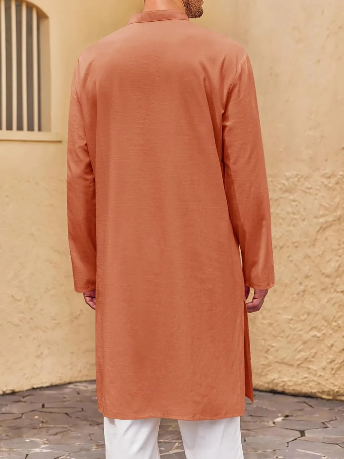 Runcati Mens Kaftan Thobe Button Down Henley Shirts Robe Long Sleeve Casual Cotton Pleated Muslim Gown Shirt