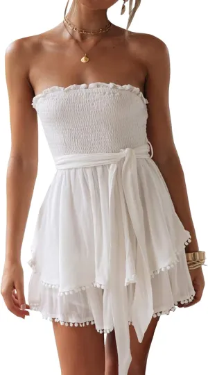 R.Vivimos Women's Summer Linen Ruffles Boho Casual Tube Playsuits Short Jumpsuit Rompers