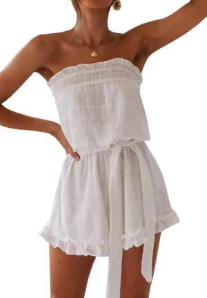 R.Vivimos Women's Summer Linen Ruffles Boho Casual Tube Playsuits Short Jumpsuit Rompers