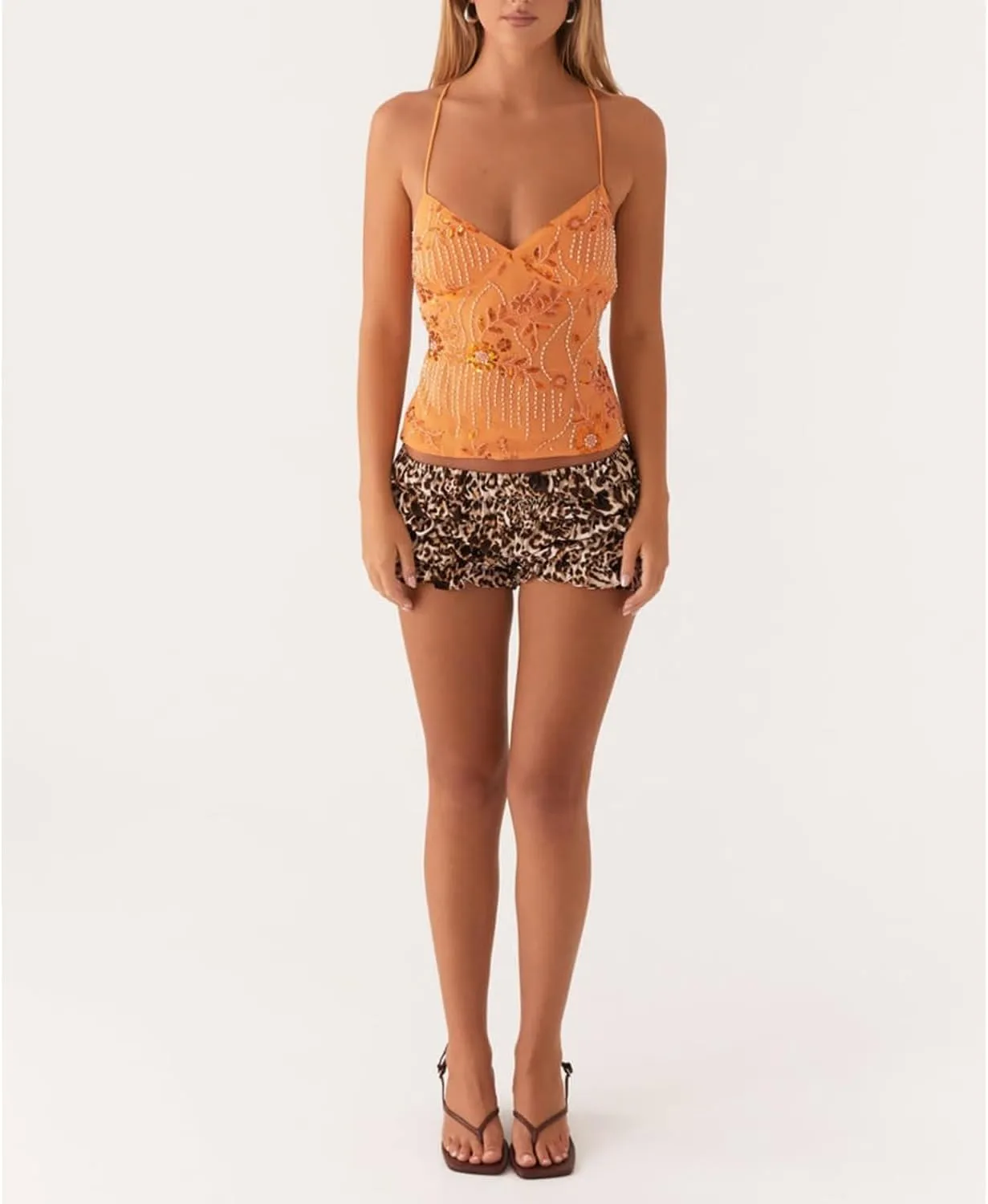 SAFRISIOR Women Y2K Floral Sequin Cami Top Sexy Sparkle Tank V Neck Open Back Cute Criss Cross Straps Halter Crop Tops