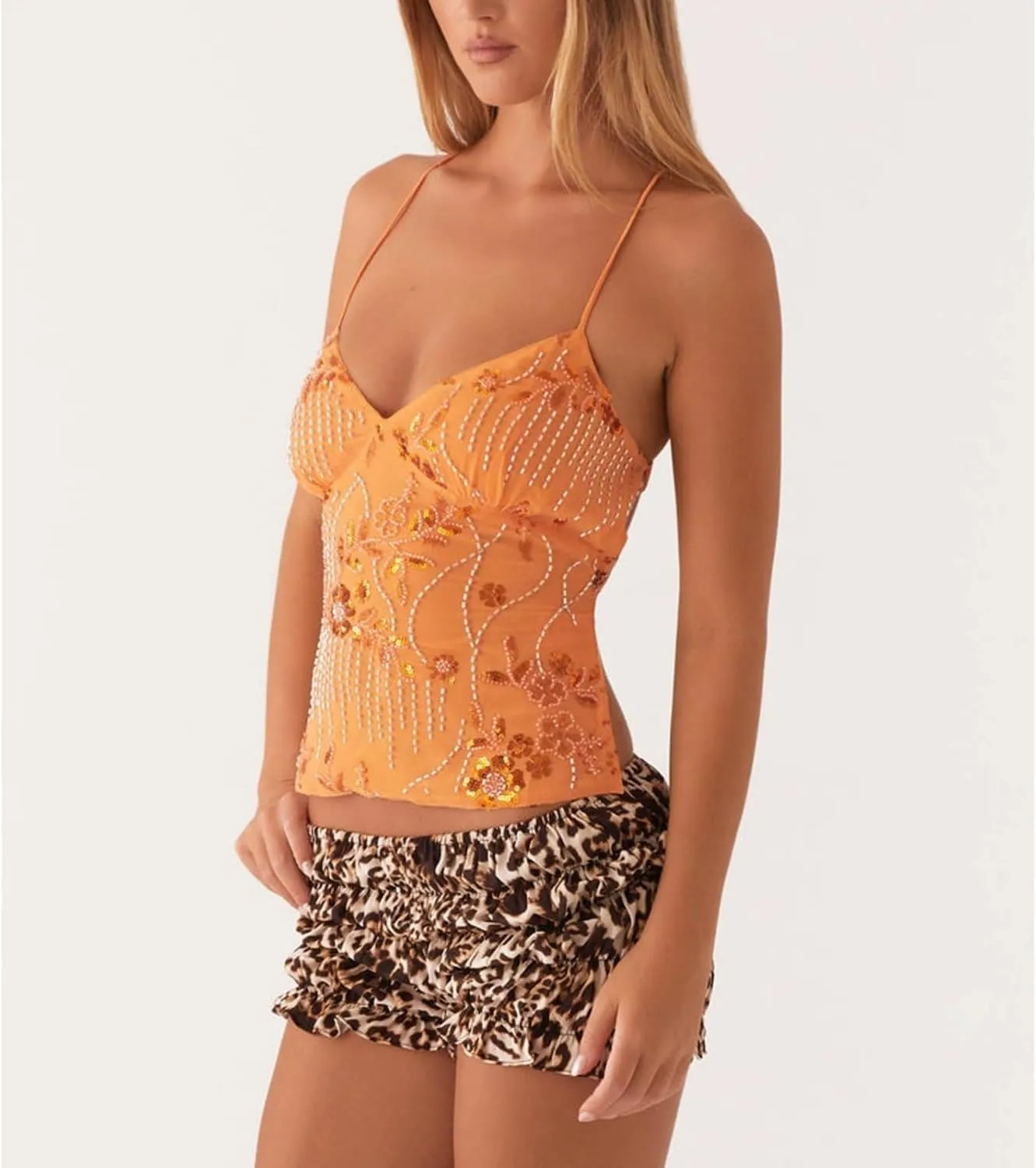SAFRISIOR Women Y2K Floral Sequin Cami Top Sexy Sparkle Tank V Neck Open Back Cute Criss Cross Straps Halter Crop Tops