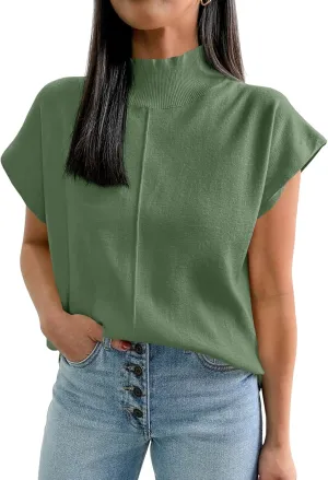 Saodimallsu Womens Summer Cap Sleeve Tops Mock Neck Knit Sweater Vest Sleeveless Work Elegant Shirts