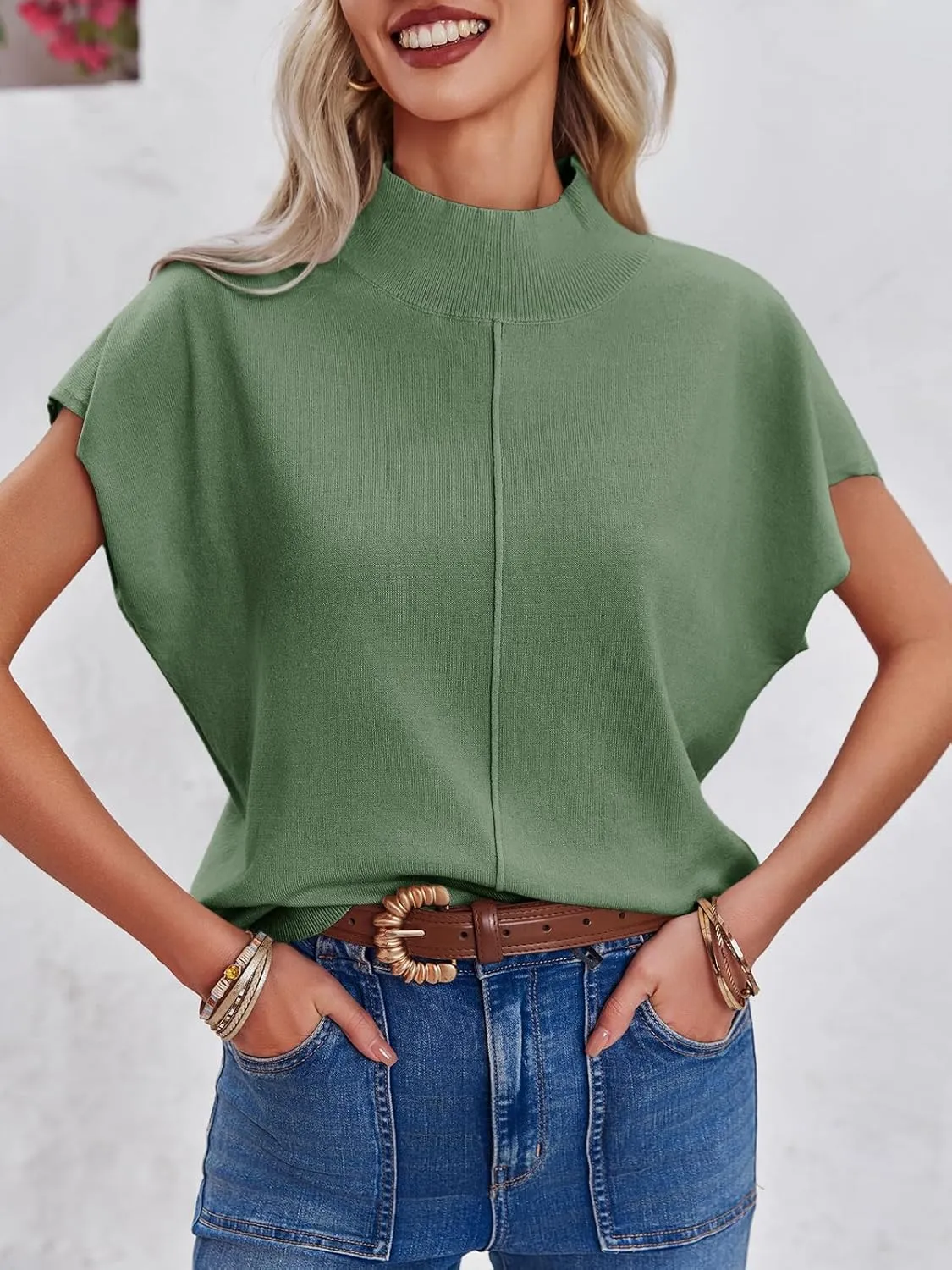 Saodimallsu Womens Summer Cap Sleeve Tops Mock Neck Knit Sweater Vest Sleeveless Work Elegant Shirts