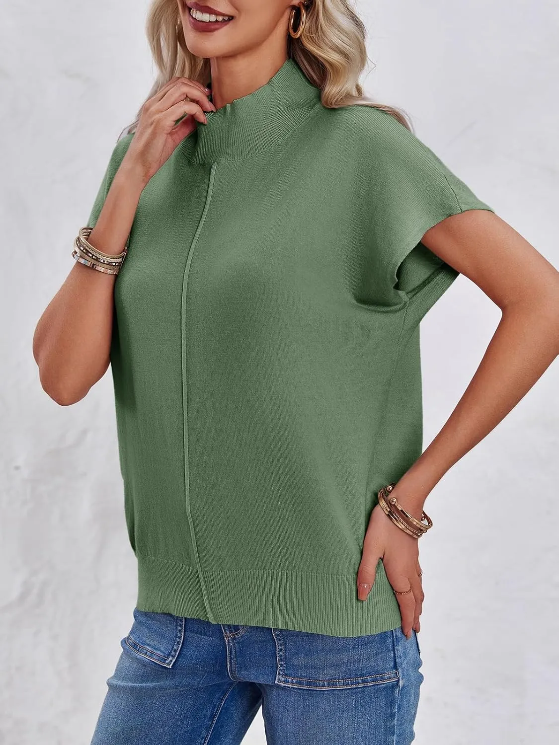 Saodimallsu Womens Summer Cap Sleeve Tops Mock Neck Knit Sweater Vest Sleeveless Work Elegant Shirts