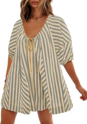 SENSERISE Womens Striped Romper Puff Sleeve Mini Shorts Romper Dress Beach Vacation Outfits with Pockets