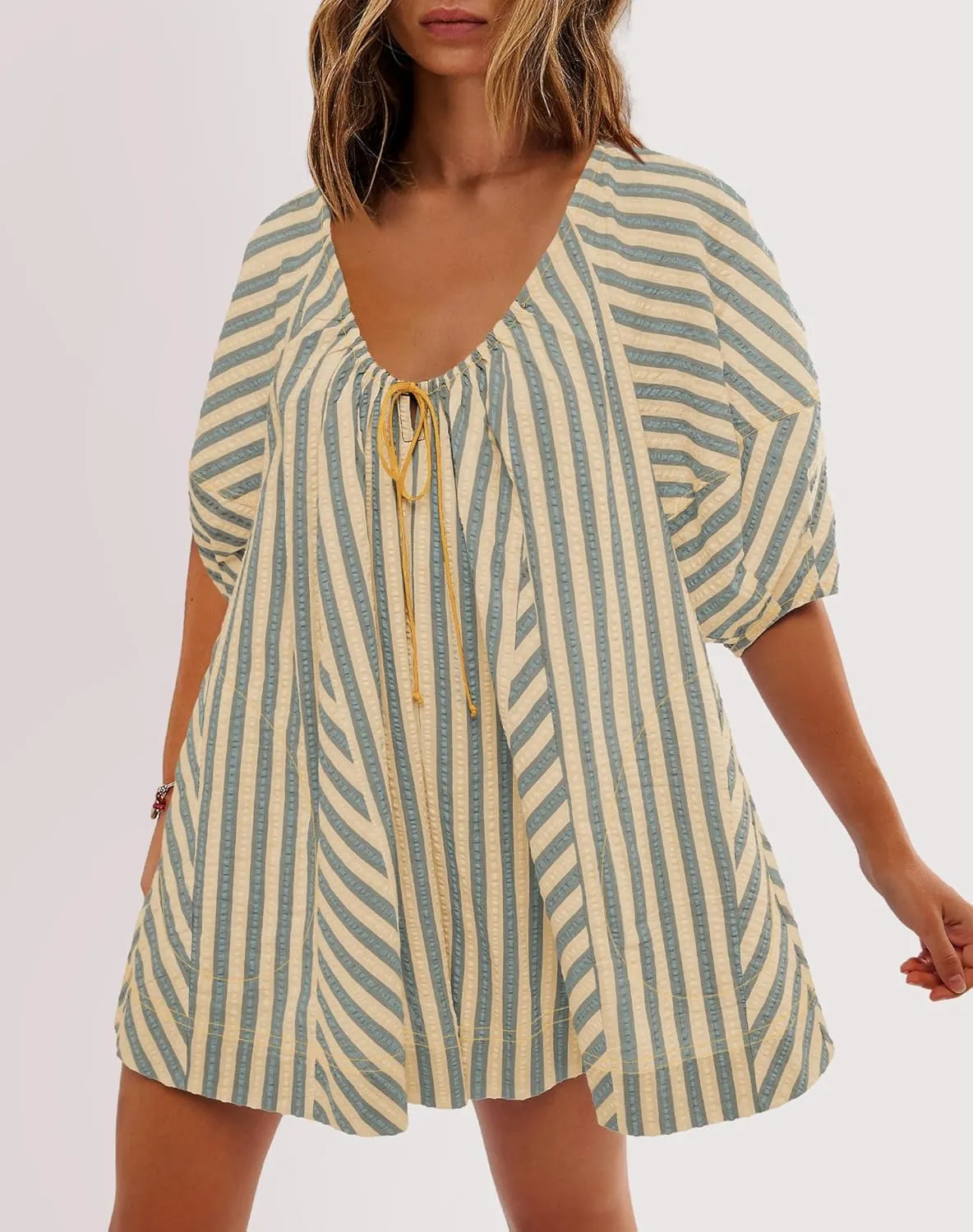 SENSERISE Womens Striped Romper Puff Sleeve Mini Shorts Romper Dress Beach Vacation Outfits with Pockets