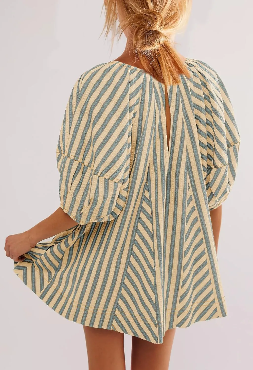 SENSERISE Womens Striped Romper Puff Sleeve Mini Shorts Romper Dress Beach Vacation Outfits with Pockets
