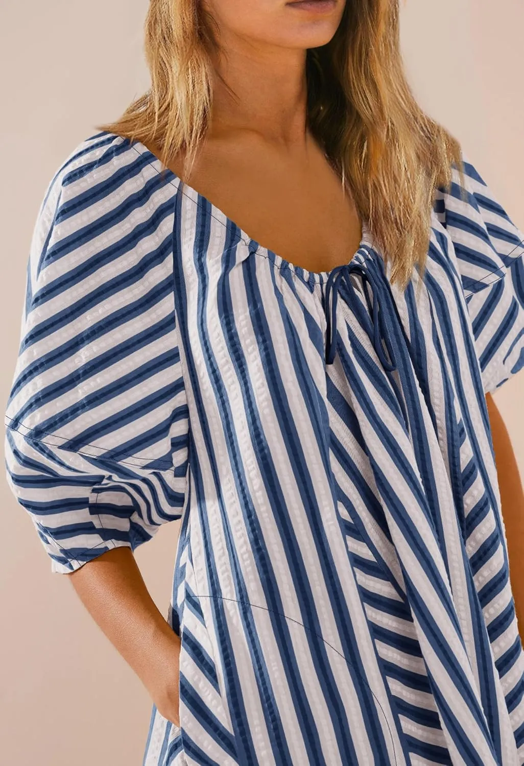 SENSERISE Womens Striped Romper Puff Sleeve Mini Shorts Romper Dress Beach Vacation Outfits with Pockets