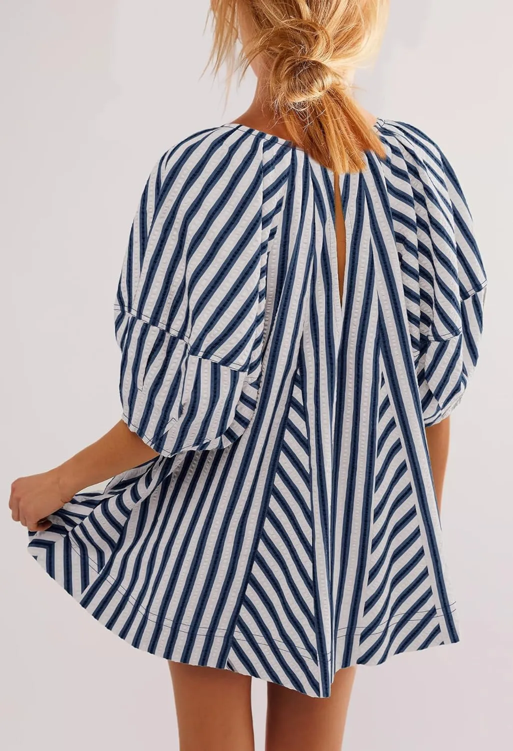 SENSERISE Womens Striped Romper Puff Sleeve Mini Shorts Romper Dress Beach Vacation Outfits with Pockets