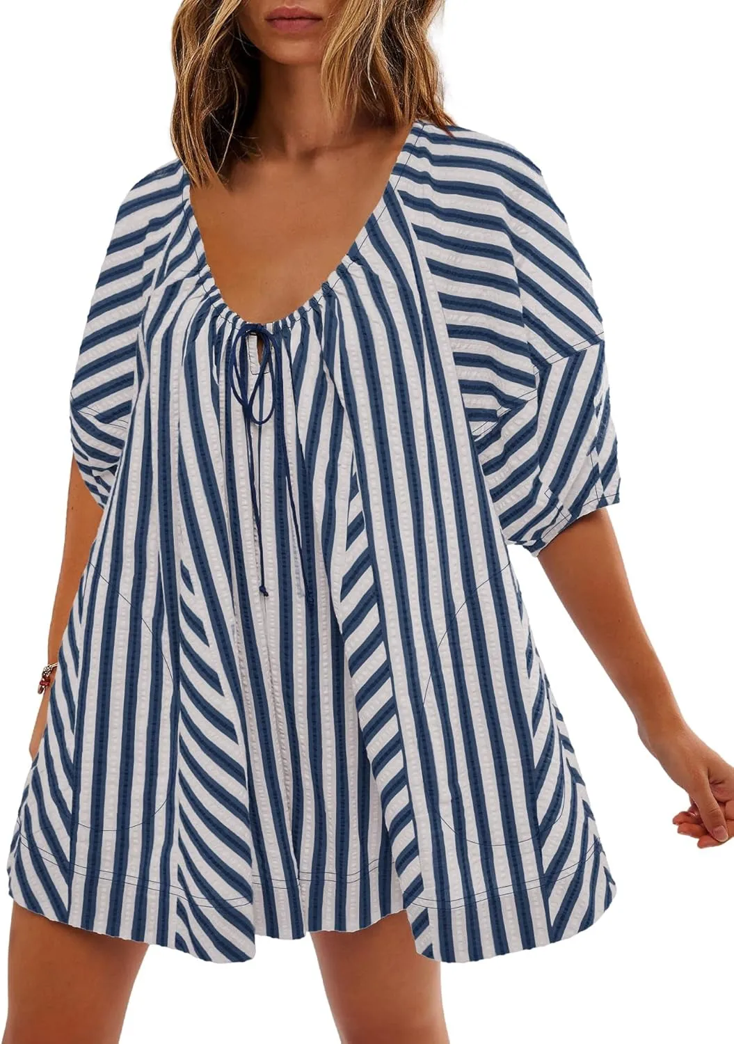 SENSERISE Womens Striped Romper Puff Sleeve Mini Shorts Romper Dress Beach Vacation Outfits with Pockets