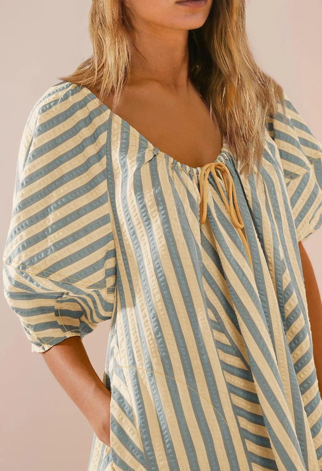 SENSERISE Womens Striped Romper Puff Sleeve Mini Shorts Romper Dress Beach Vacation Outfits with Pockets