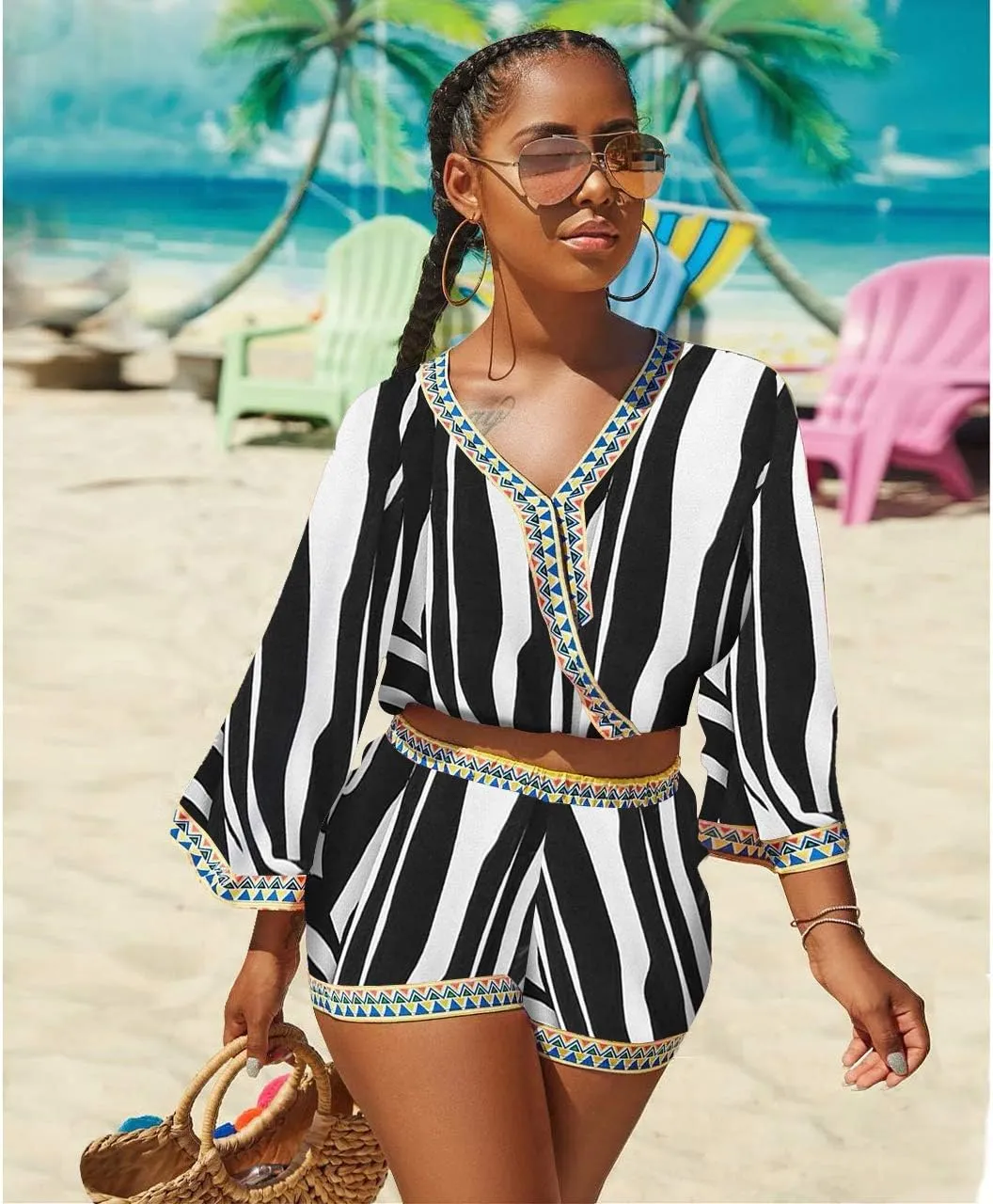 Sexy Two Piece Shorts Set - African Floral Jumpsuits Rompers Vacation Club Outfit