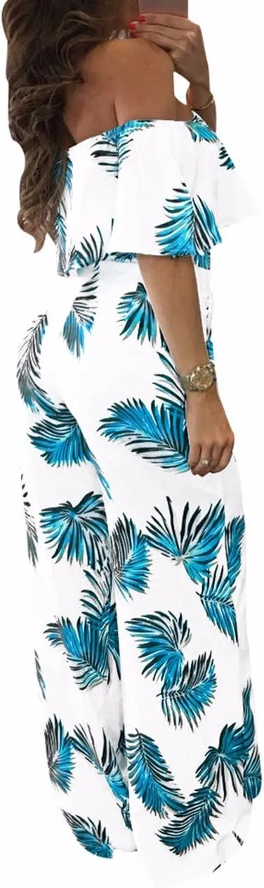Sexyshine Women's Ruffle Off Shoulder Floral Print High Waist Wide Leg Long Jumpsuits Rompers