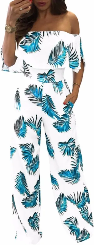 Sexyshine Women's Ruffle Off Shoulder Floral Print High Waist Wide Leg Long Jumpsuits Rompers