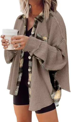 SHEWIN Womens Waffle Knit Plaid Shacket Boyfriend Button Down Shirt Jacket Loose Long Sleeve Tops