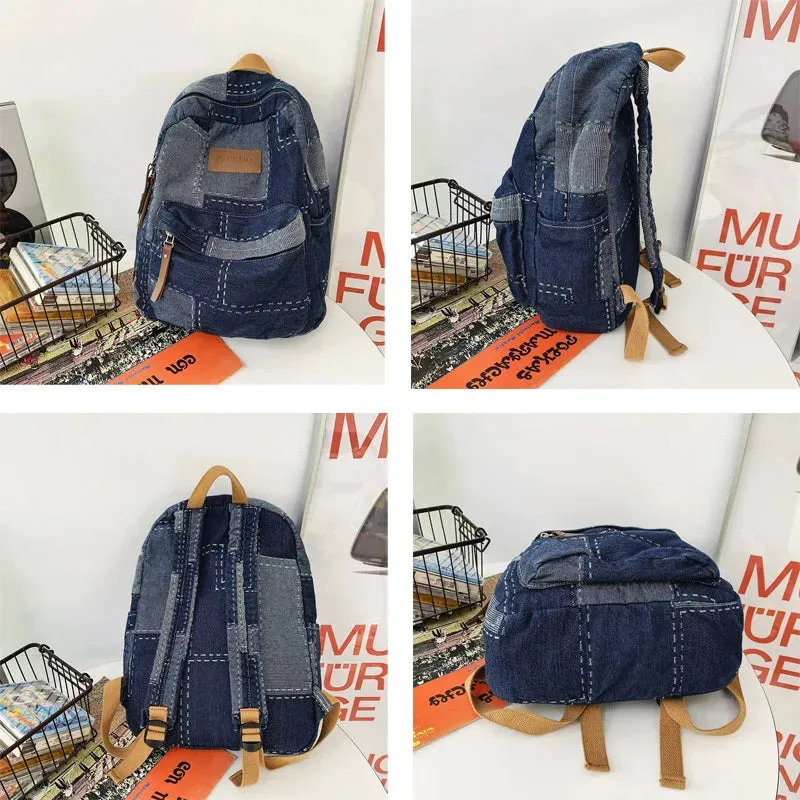 Sohiwoo New Women Denim Vintage College Backpack Lady Leisure Retro Trendy Female Patchwork Book Bag Fashion Girl Cute Travel School Bag