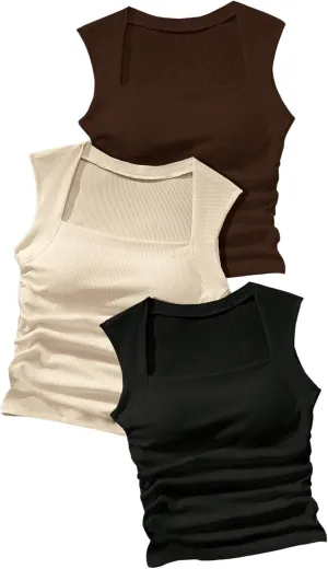 SOLY HUX Women's Crop Tank Tops with Built in Bras 3 Pack Ribbed Sleeveless Square Neck Basic Workout Camisole Tops