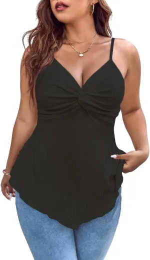 SOLY HUX Women's Plus Size Tops Summer Sexy Going Out Tops V Neck Sleeveless Twist Front Asymmetrical Cami Top