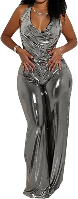 Sparkly Jumpsuits for Women Dressy Glitter Metallic Halter Backless Party Rompers Sexy Wide Leg Overalls Jumpsuit
