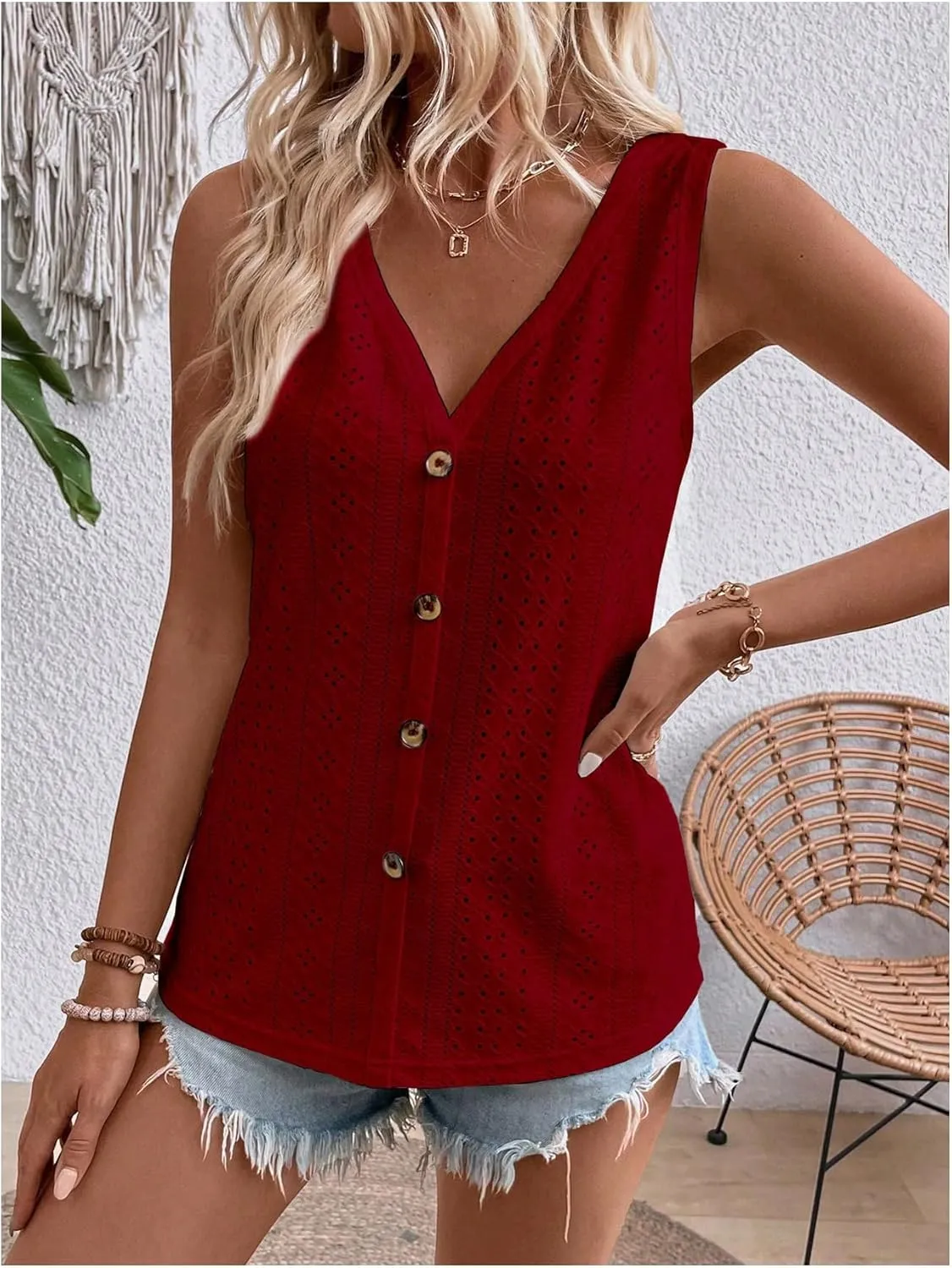 SweatyRocks Women's Solid Button Front Eyelet Tank V Neck Sleeveless Tops