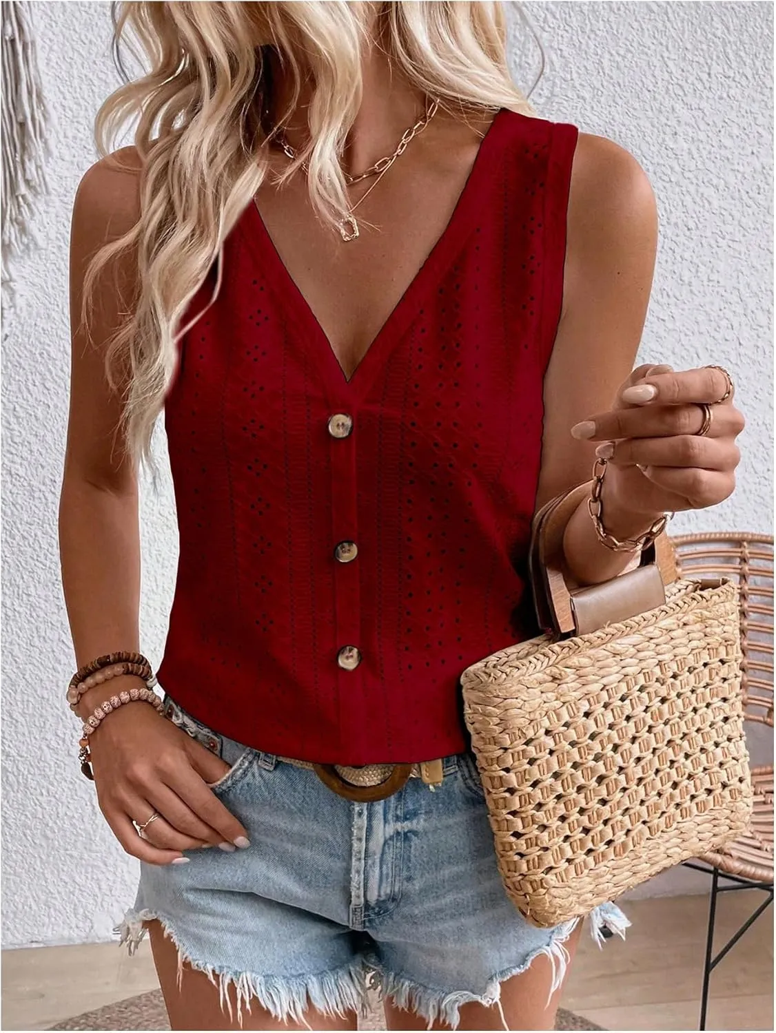 SweatyRocks Women's Solid Button Front Eyelet Tank V Neck Sleeveless Tops