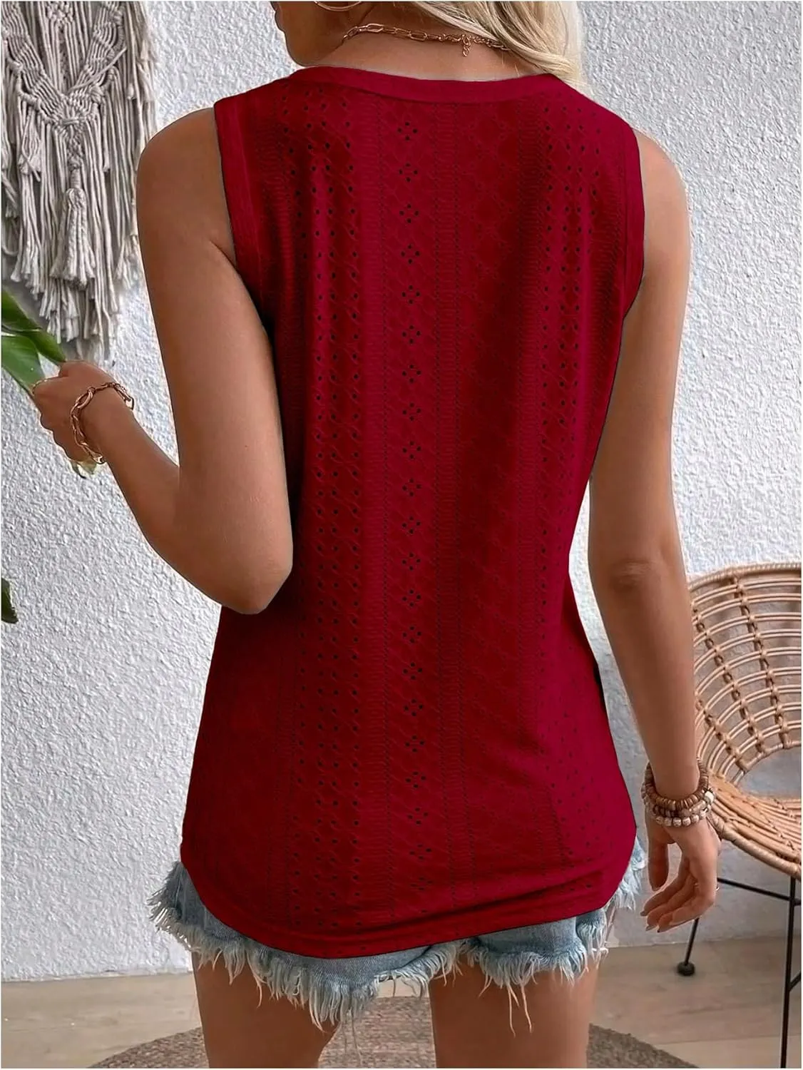 SweatyRocks Women's Solid Button Front Eyelet Tank V Neck Sleeveless Tops