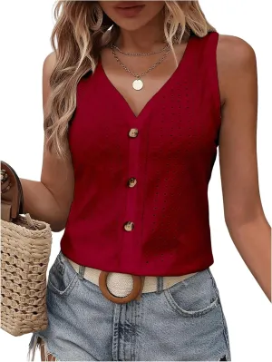 SweatyRocks Women's Solid Button Front Eyelet Tank V Neck Sleeveless Tops