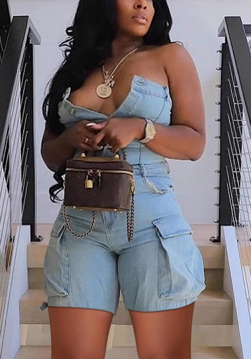 Tbahhir Denim Jumpsuit for Women Sexy Sleeveless Cargo Shorts Jean Rompers Button Down One Piece Outfit with Pockets