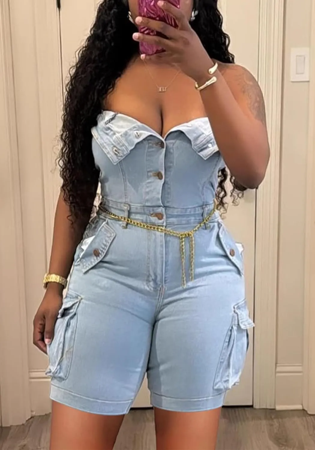 Tbahhir Denim Jumpsuit for Women Sexy Sleeveless Cargo Shorts Jean Rompers Button Down One Piece Outfit with Pockets