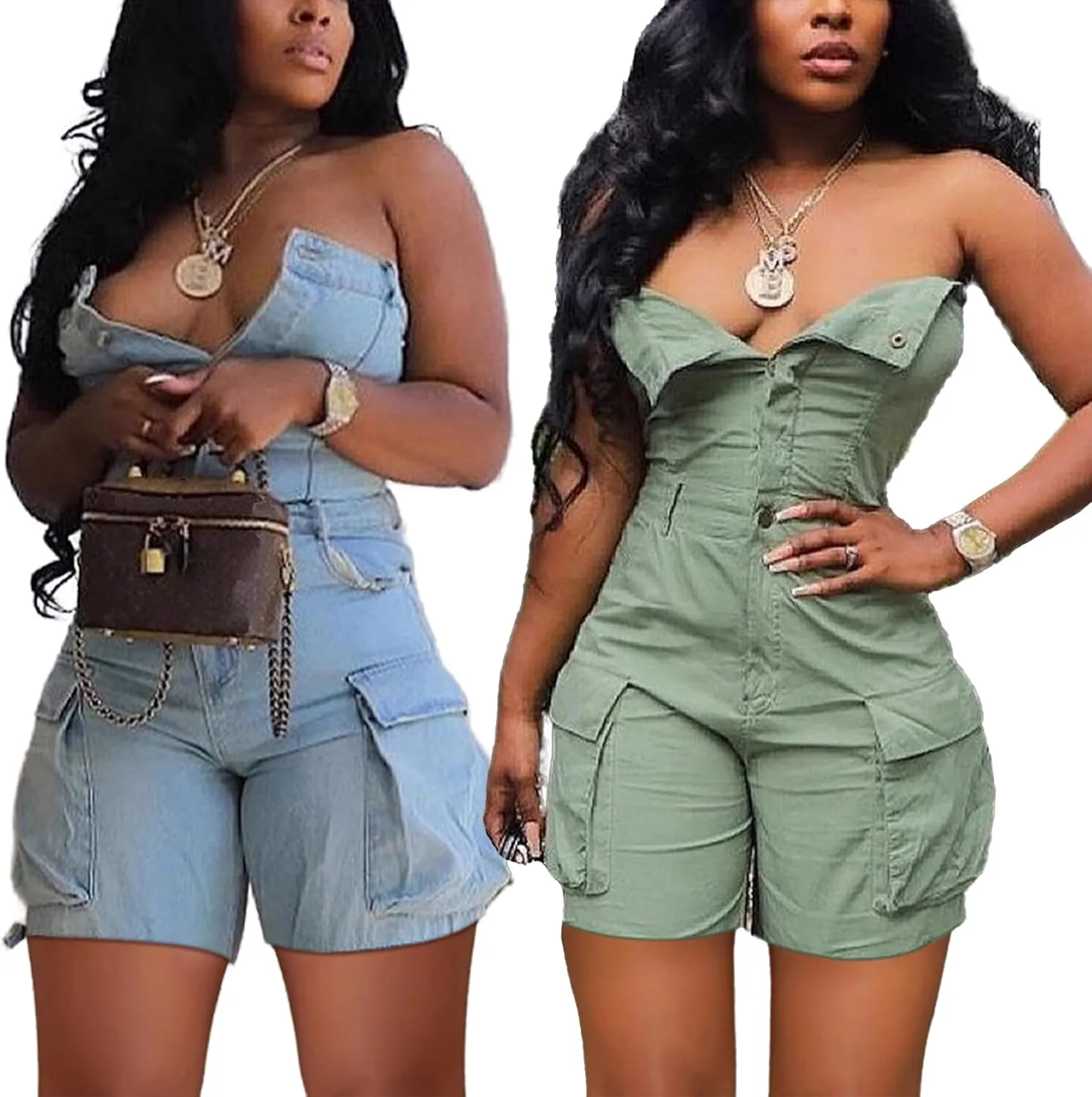Tbahhir Denim Jumpsuit for Women Sexy Sleeveless Cargo Shorts Jean Rompers Button Down One Piece Outfit with Pockets