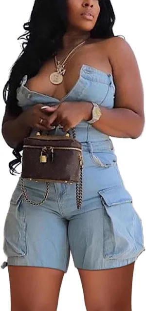 Tbahhir Denim Jumpsuit for Women Sexy Sleeveless Cargo Shorts Jean Rompers Button Down One Piece Outfit with Pockets