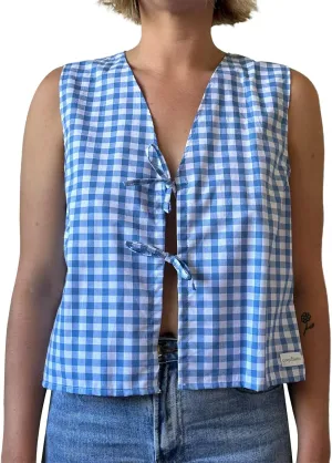Tie Front Tops for Women Sleeveless Deep V-Neck Plaid Striped Fruit Print Linen Vest Lace Up Party Club Night Tank Top