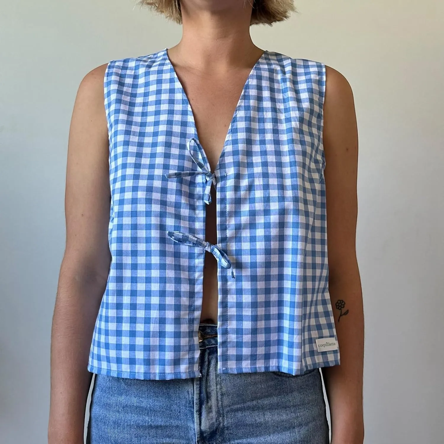 Tie Front Tops for Women Sleeveless Deep V-Neck Plaid Striped Fruit Print Linen Vest Lace Up Party Club Night Tank Top