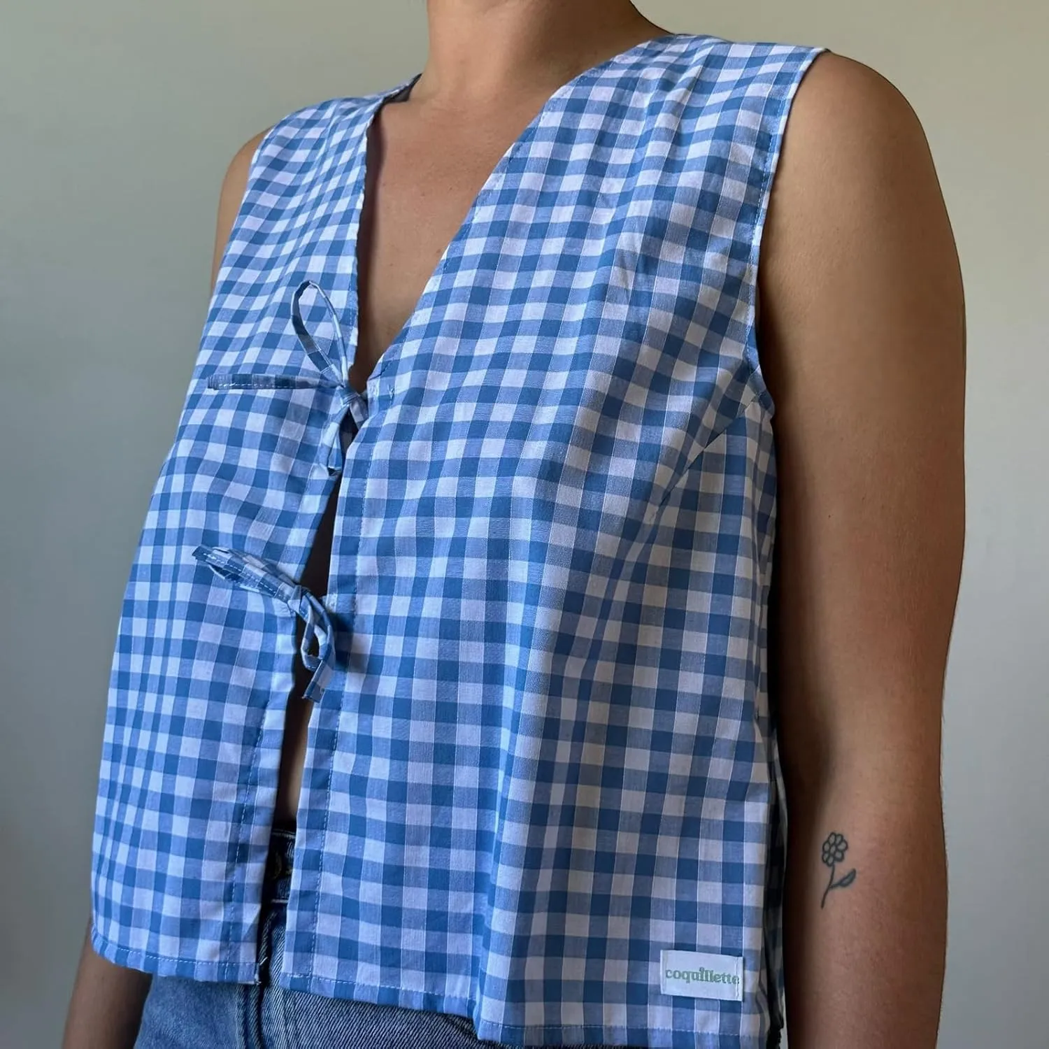 Tie Front Tops for Women Sleeveless Deep V-Neck Plaid Striped Fruit Print Linen Vest Lace Up Party Club Night Tank Top