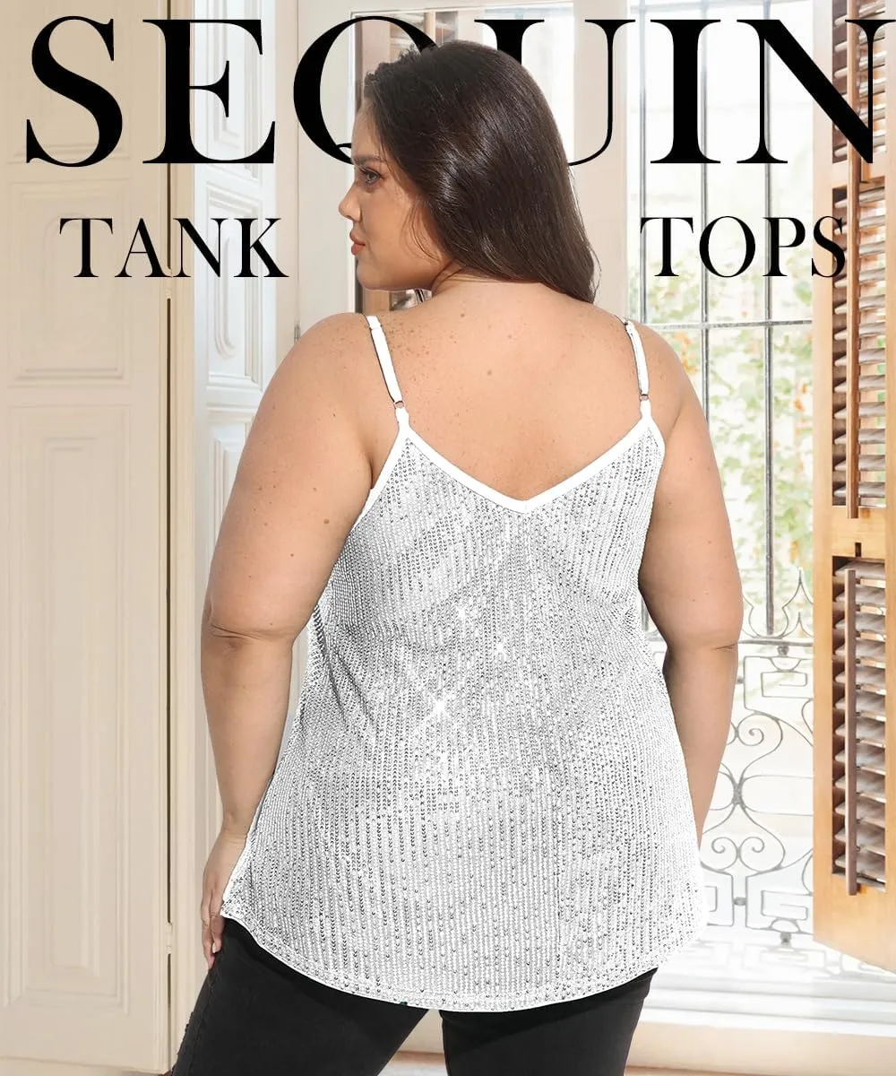 TIYOMI Plus Size Tank Tops for Women Sexy V Neck Strappy Sequin Sparkle Shimmer Camisole Glitter Party Sleeveless Tops