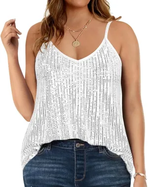 TIYOMI Plus Size Tank Tops for Women Sexy V Neck Strappy Sequin Sparkle Shimmer Camisole Glitter Party Sleeveless Tops