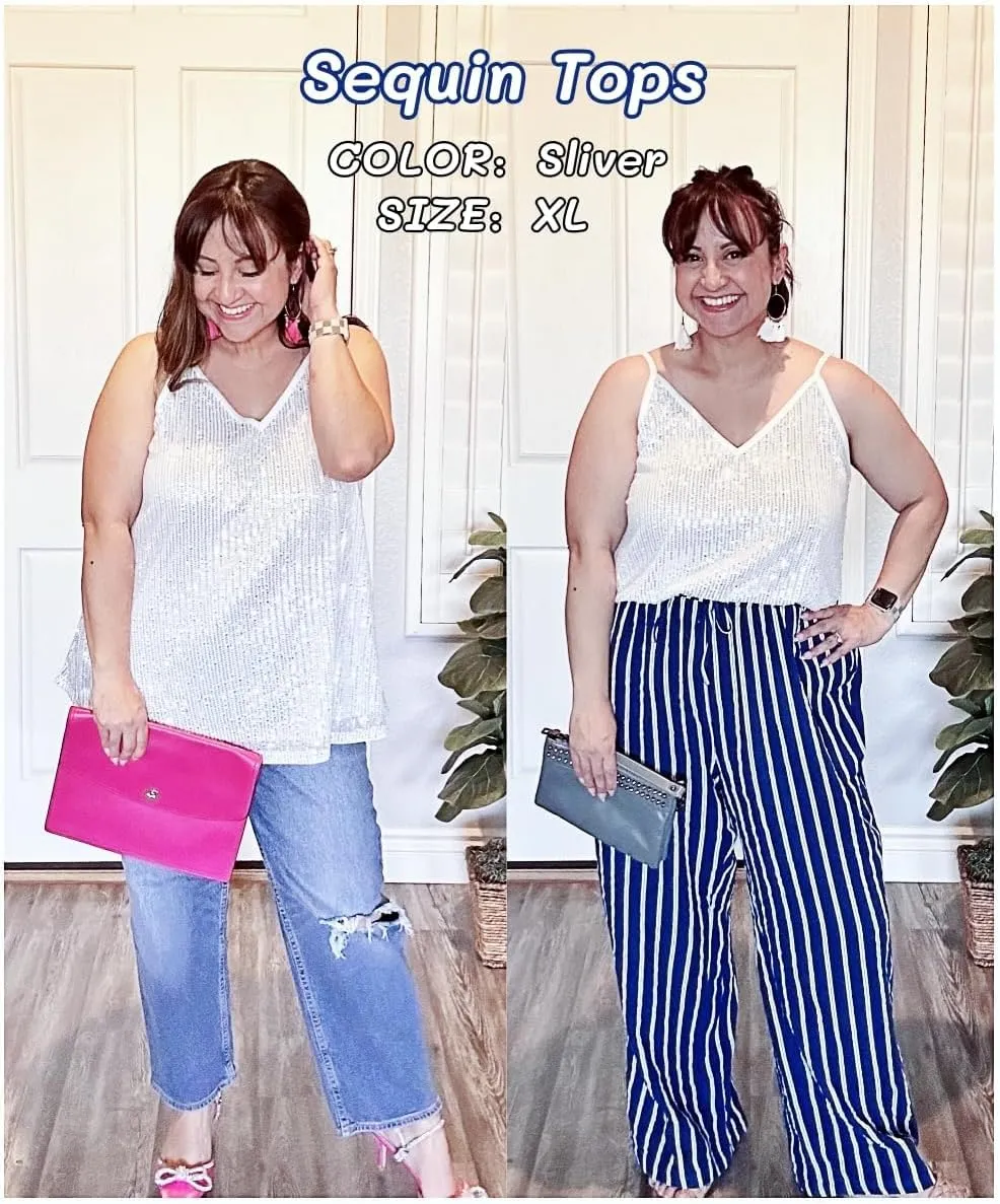 TIYOMI Plus Size Tank Tops for Women Sexy V Neck Strappy Sequin Sparkle Shimmer Camisole Glitter Party Sleeveless Tops