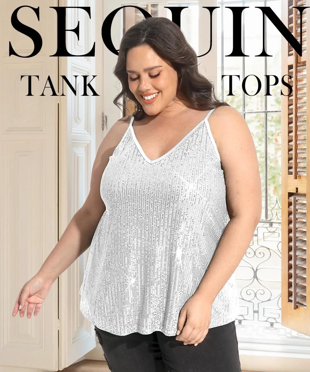 TIYOMI Plus Size Tank Tops for Women Sexy V Neck Strappy Sequin Sparkle Shimmer Camisole Glitter Party Sleeveless Tops