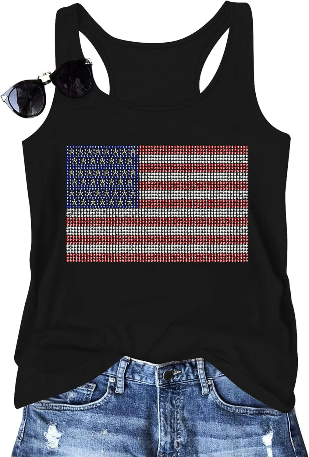 USA Tank Tops Women: Flag Sequin Tank Patriotic Shirts 4th of July Sleeveless T Shirt Summer Casual Bling Tops