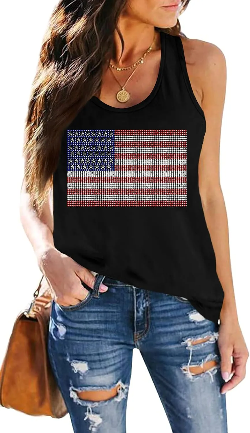 USA Tank Tops Women: Flag Sequin Tank Patriotic Shirts 4th of July Sleeveless T Shirt Summer Casual Bling Tops