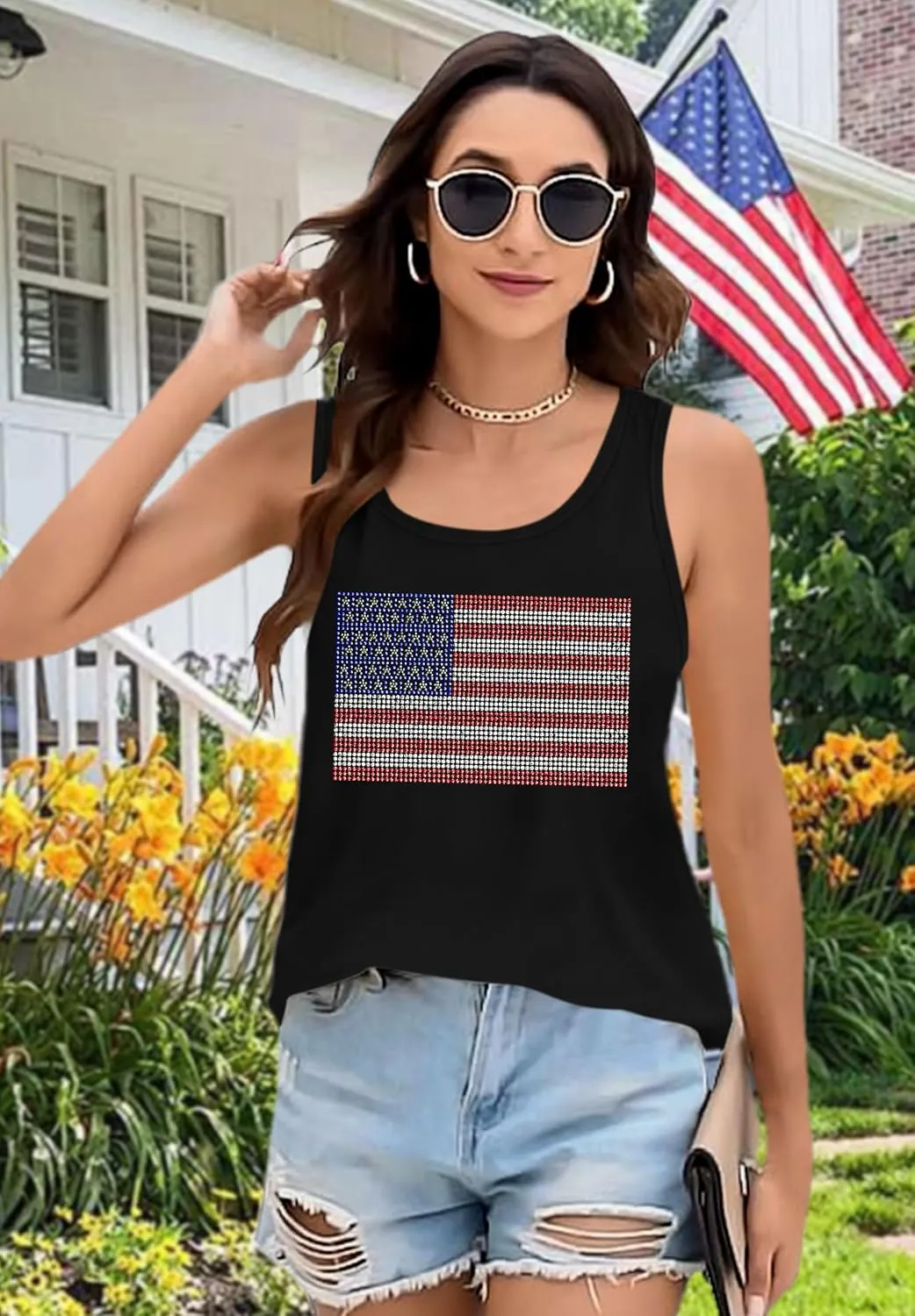 USA Tank Tops Women: Flag Sequin Tank Patriotic Shirts 4th of July Sleeveless T Shirt Summer Casual Bling Tops