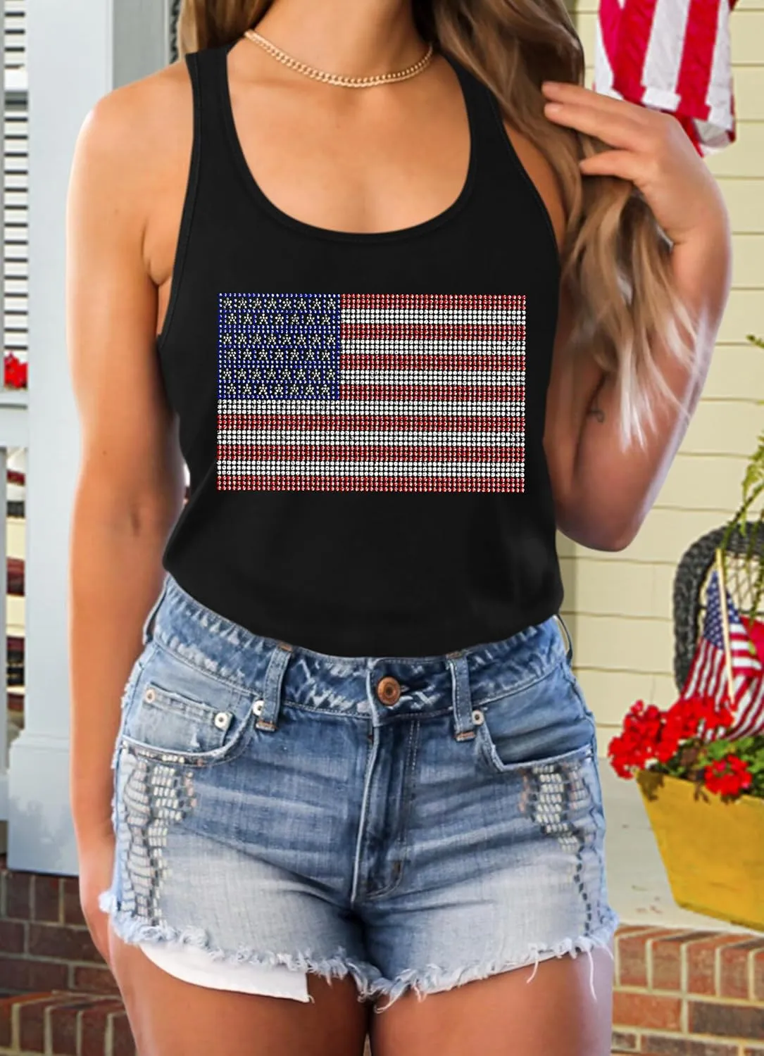 USA Tank Tops Women: Flag Sequin Tank Patriotic Shirts 4th of July Sleeveless T Shirt Summer Casual Bling Tops